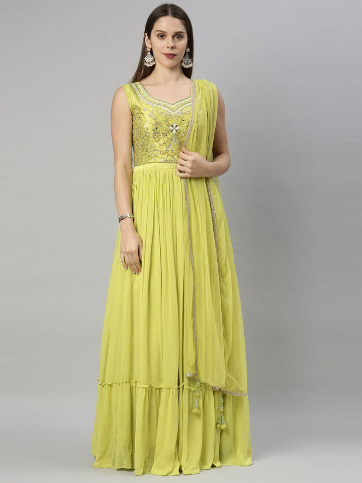 Neerus Green Georgette Embroidered Anarkali Suit Set - front view