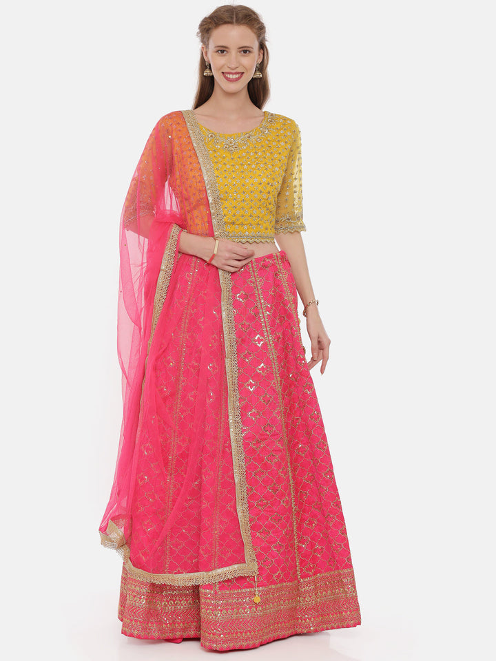 Neerus Yellow raw silk embellished lehenga ghagra set - front view