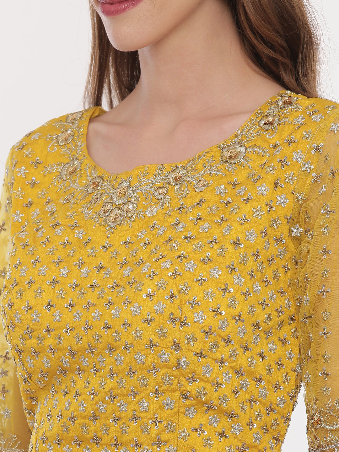 Neerus Yellow raw silk embellished lehenga ghagra set - side view