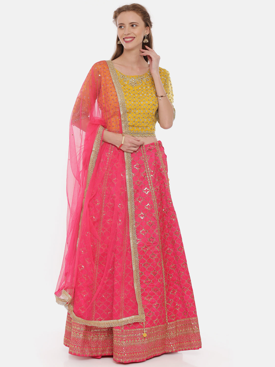 Neerus Yellow raw silk embellished lehenga ghagra set - detail view 4