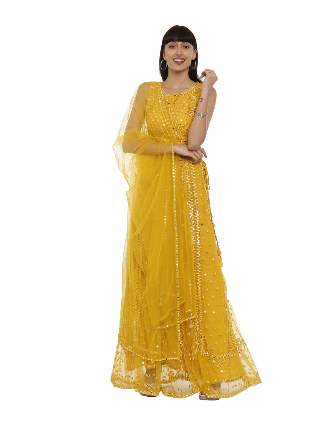 Neerus Yellow net embellished lehenga set - front view
