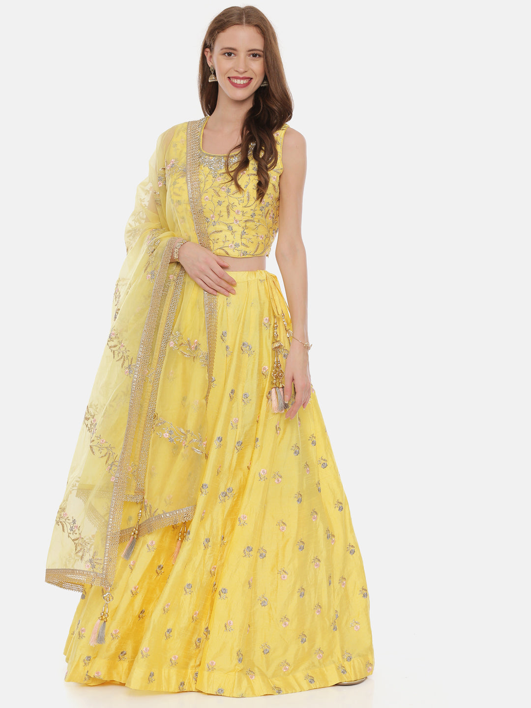 Neerus Yellow silk embellished lehenga set - front view