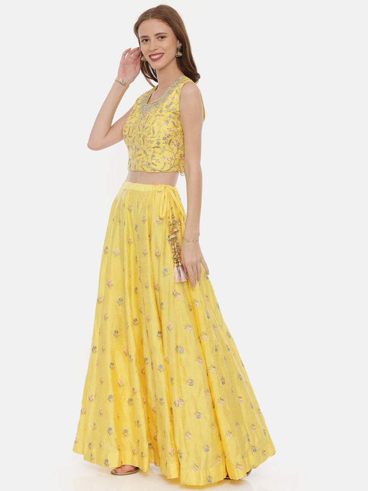 Neerus Yellow silk embellished lehenga set - back view