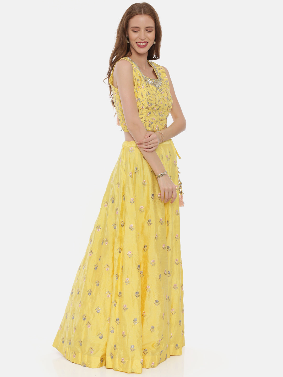 Neerus Yellow silk embellished lehenga set - side view