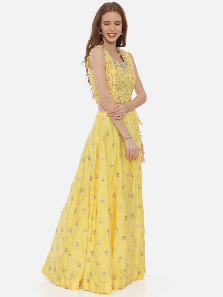 Neerus Yellow silk embellished lehenga set - side view
