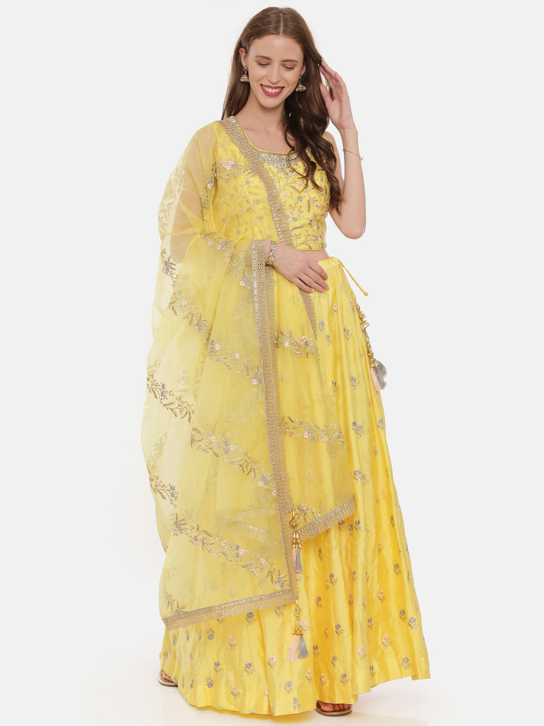 Neerus Yellow silk embellished lehenga set - detail view 1