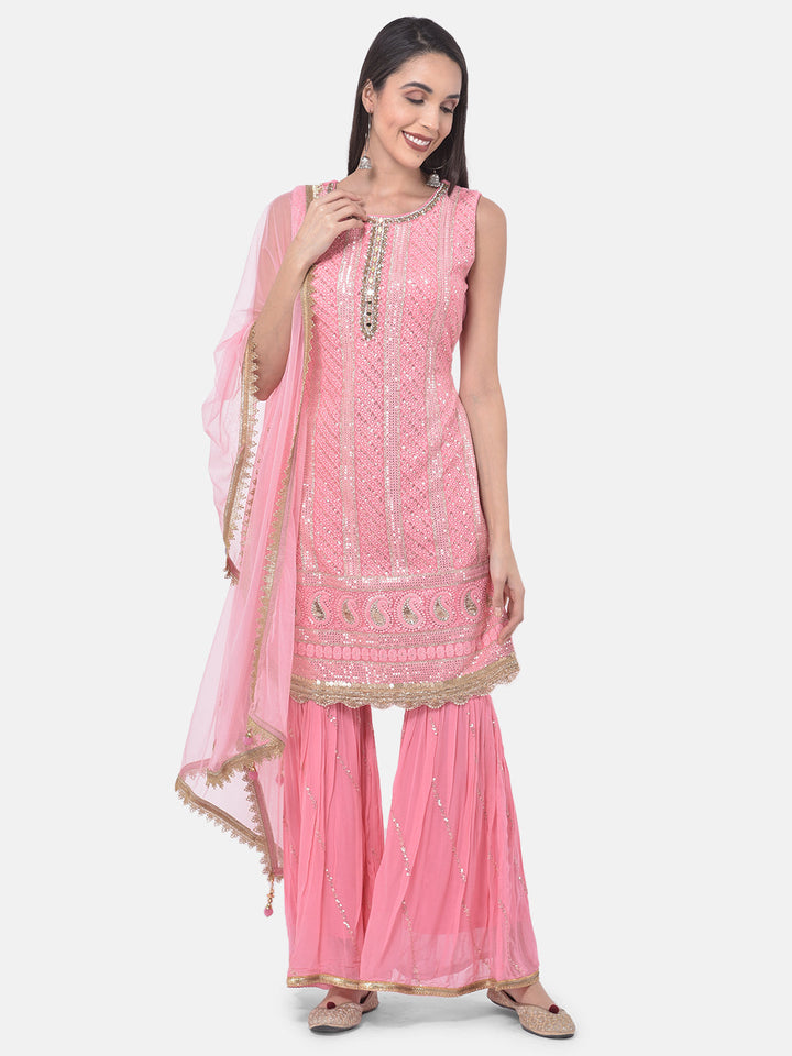 Neerus Pink Georgette Embroidered Sharara Set - detail view 6