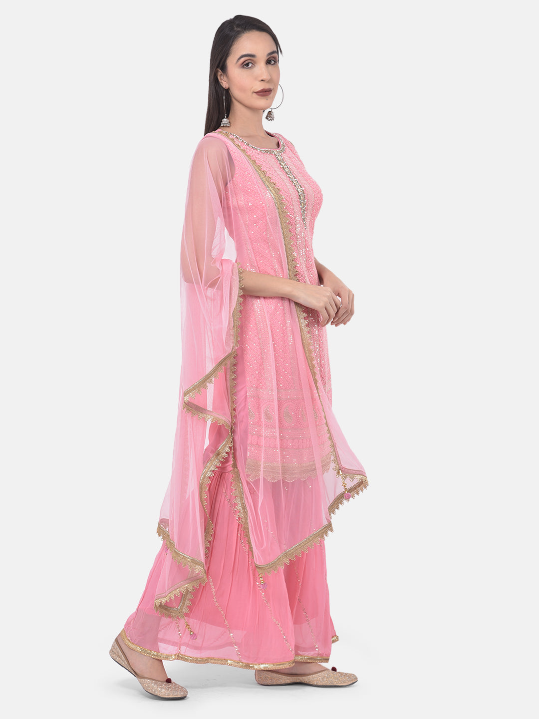 Neerus Pink Georgette Embroidered Sharara Set - back view