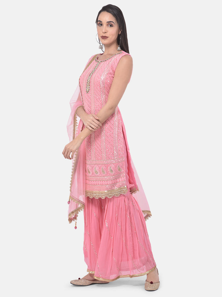 Neerus Pink Georgette Embroidered Sharara Set - side view