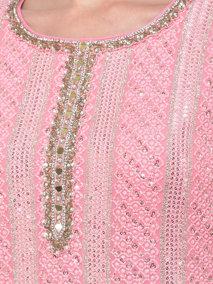 Neerus Pink Georgette Embroidered Sharara Set - detail view 2