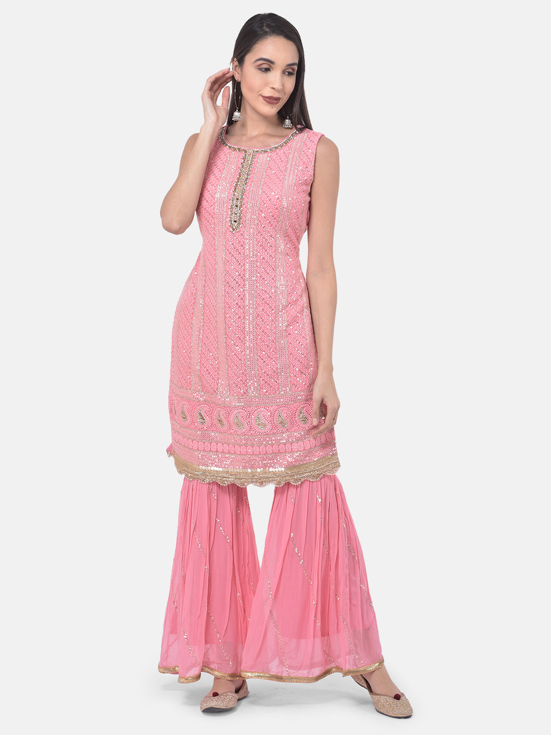 Neerus Pink Georgette Embroidered Sharara Set - detail view 5