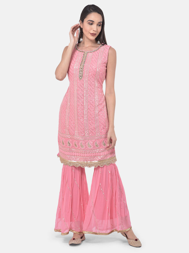 Neerus Pink Georgette Embroidered Sharara Set - detail view 5