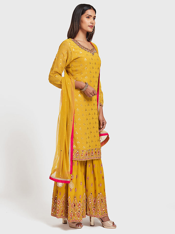Neerus Yellow embellished anarkali sharara set - back view