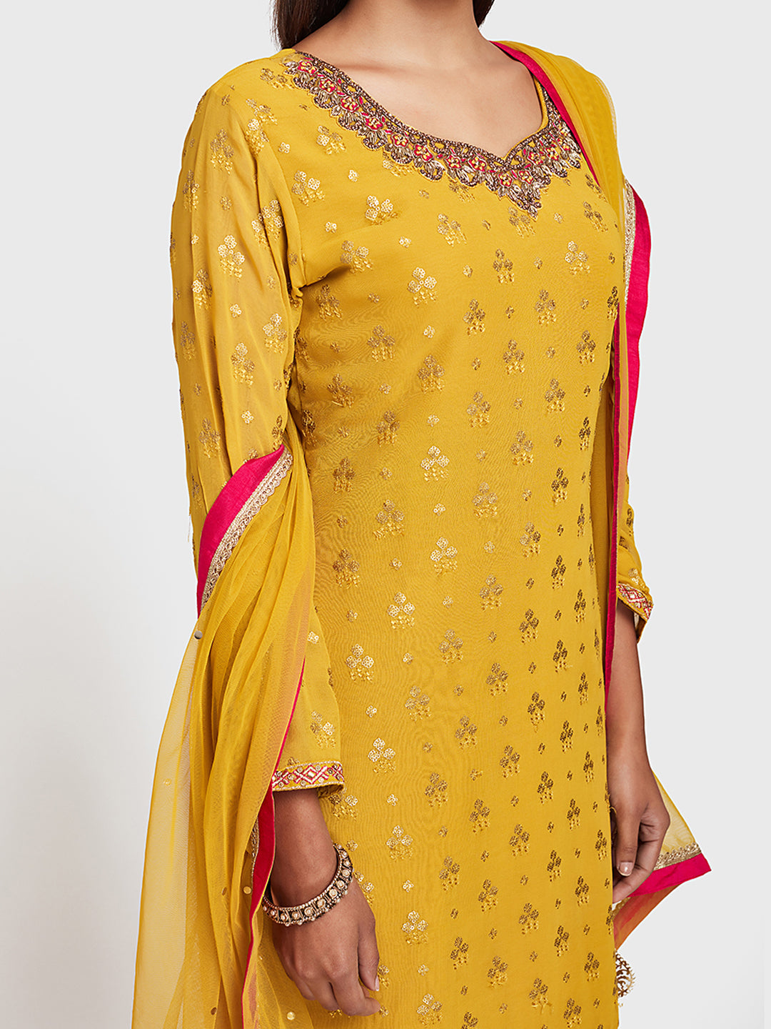 Neerus Yellow embellished anarkali sharara set - detail view 1