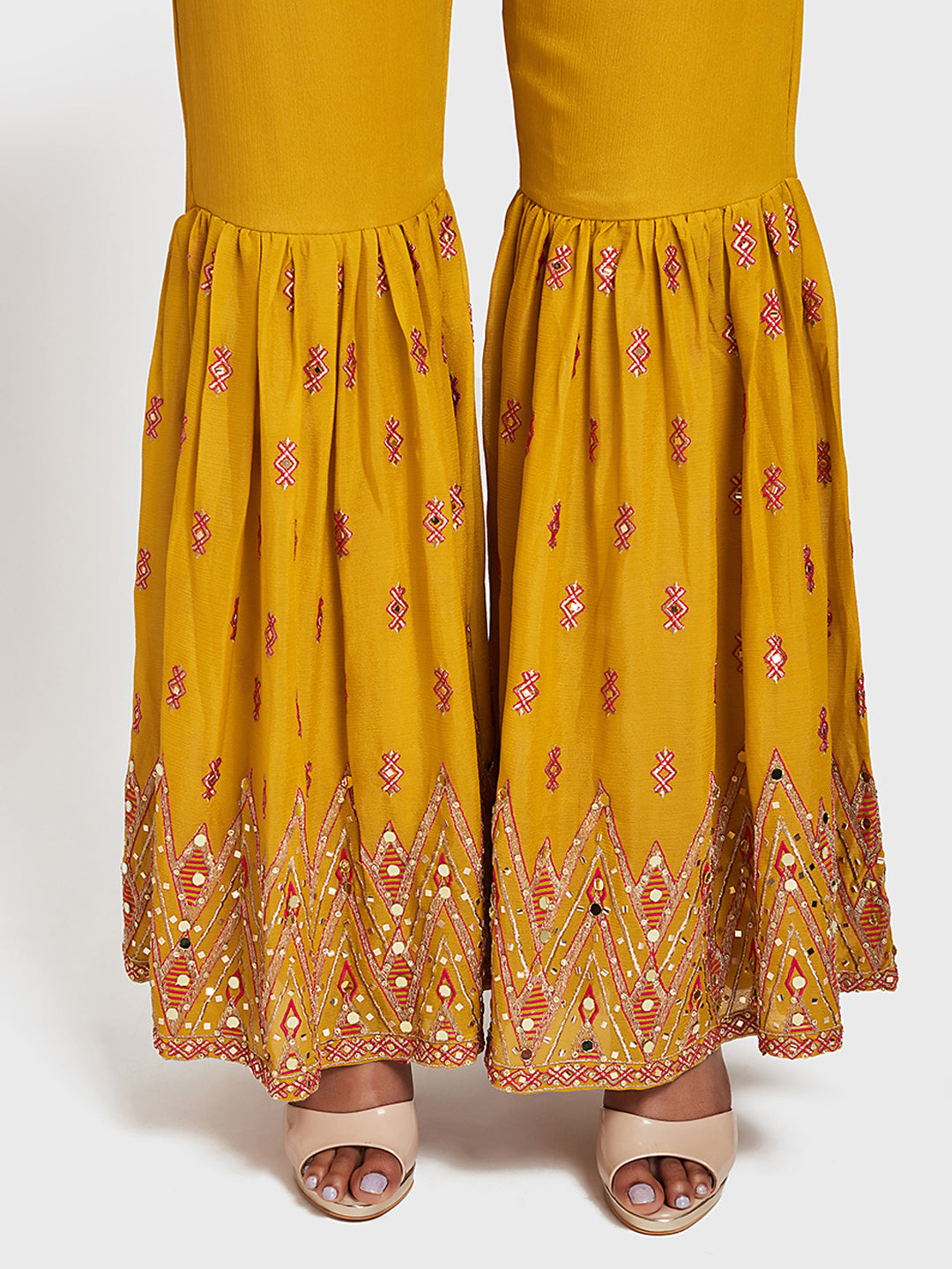 Neerus Yellow embellished anarkali sharara set - detail view 2