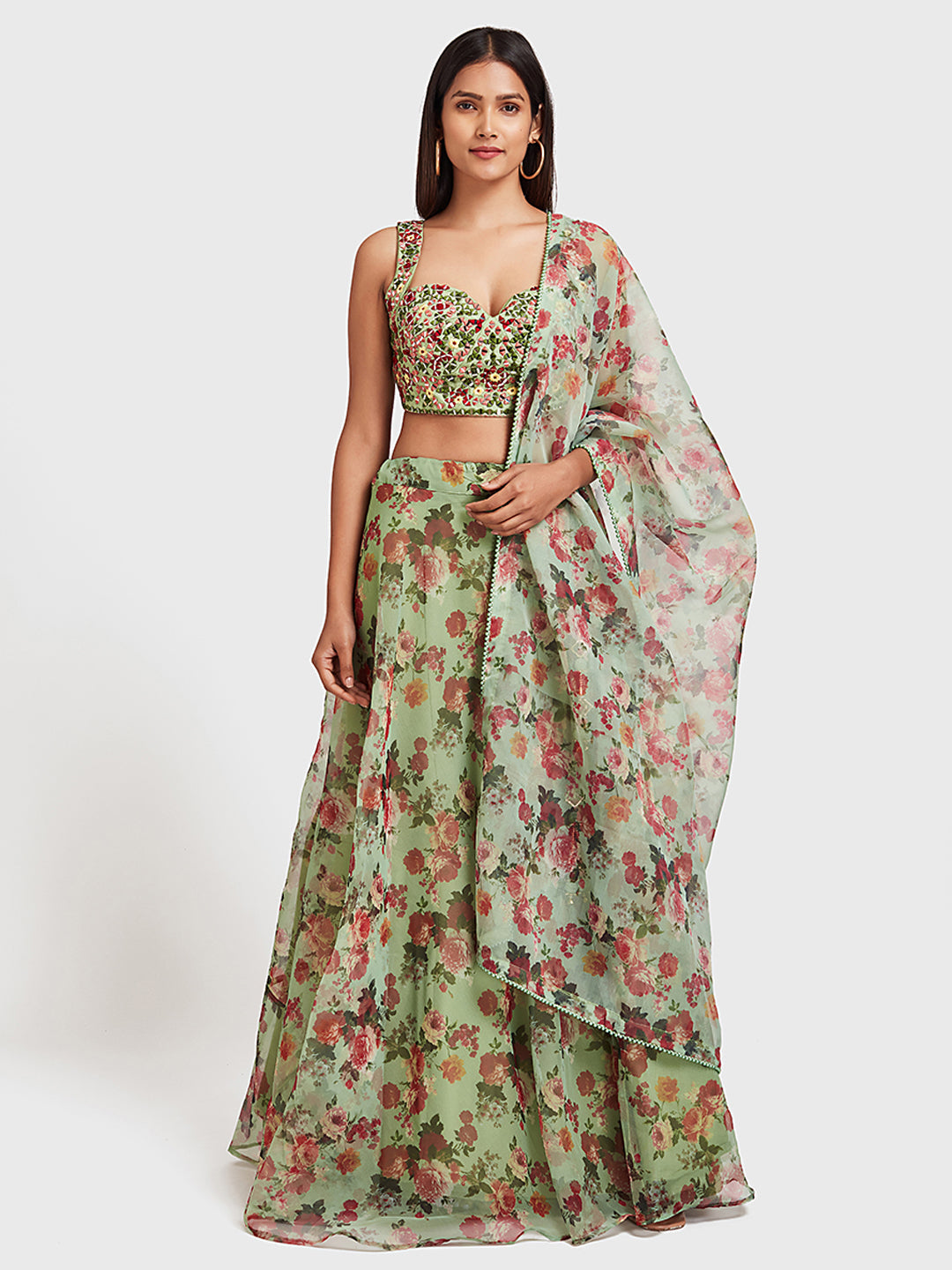 Neerus Green Organza Embellished Lehenga Ghagra Set - front view