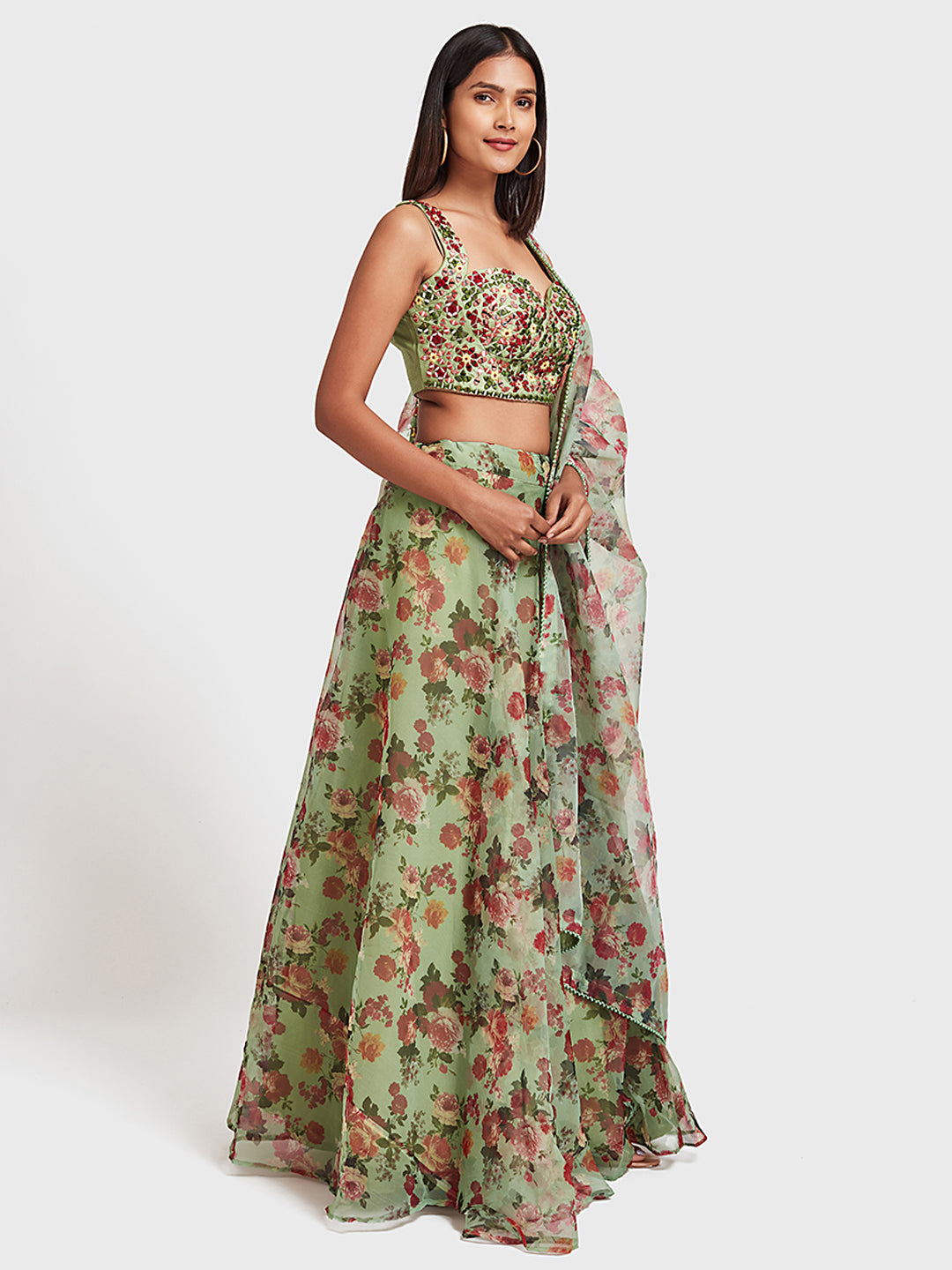 Neerus Green Organza Embellished Lehenga Ghagra Set - back view