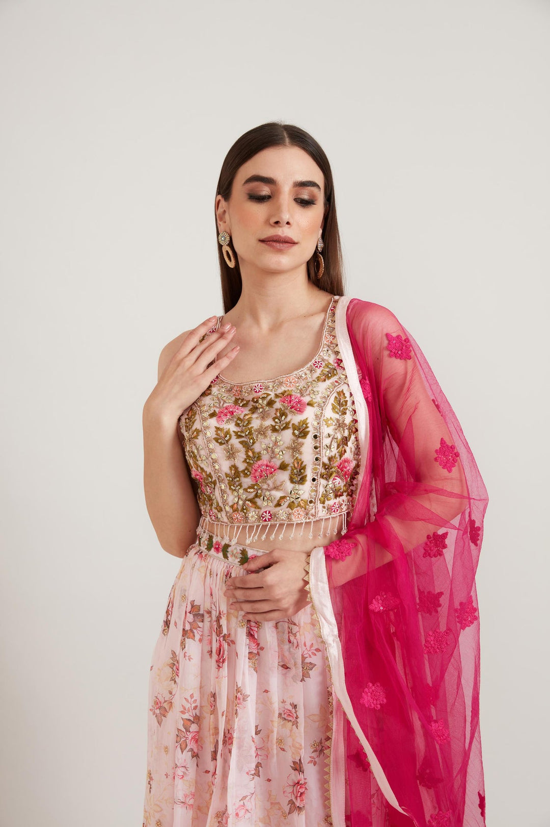 Neerus Pink organza embellished lehenga set - front view