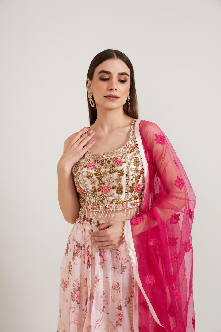 Neerus Pink organza embellished lehenga set - front view
