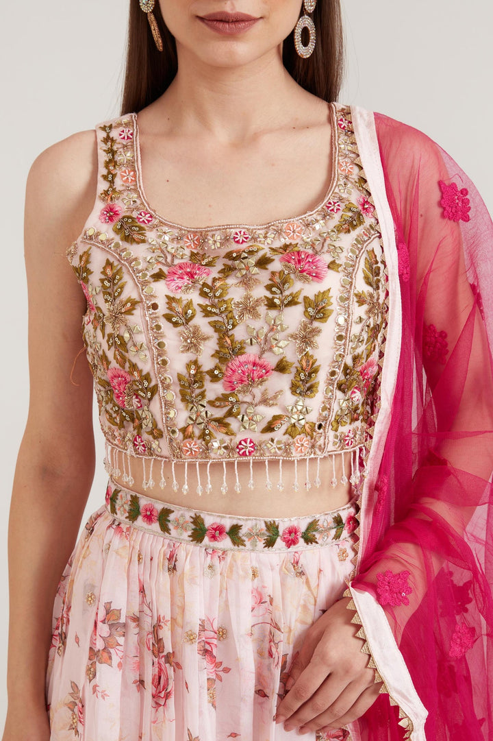 Neerus Pink organza embellished lehenga set - back view