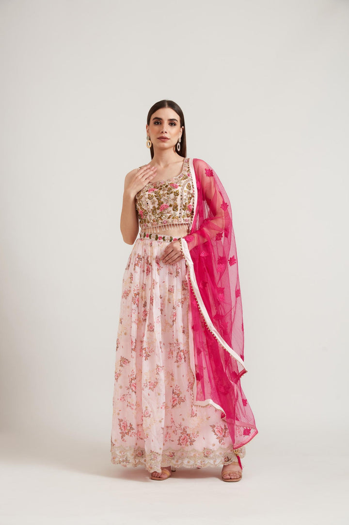 Neerus Pink organza embellished lehenga set - side view