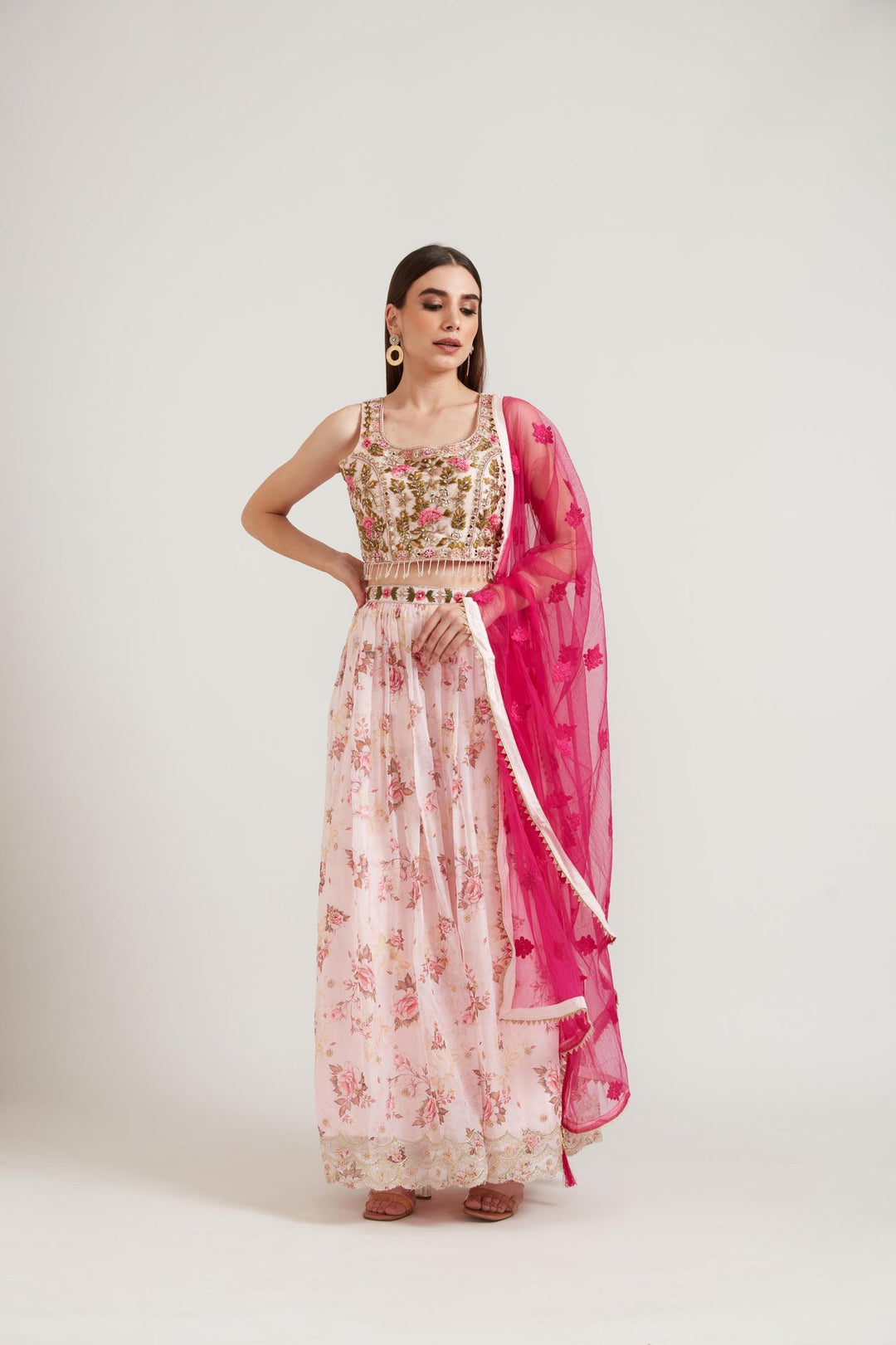 Neerus Pink organza embellished lehenga set - detail view 1