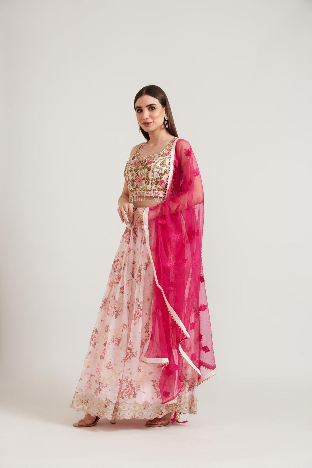 Neerus Pink organza embellished lehenga set - detail view 2