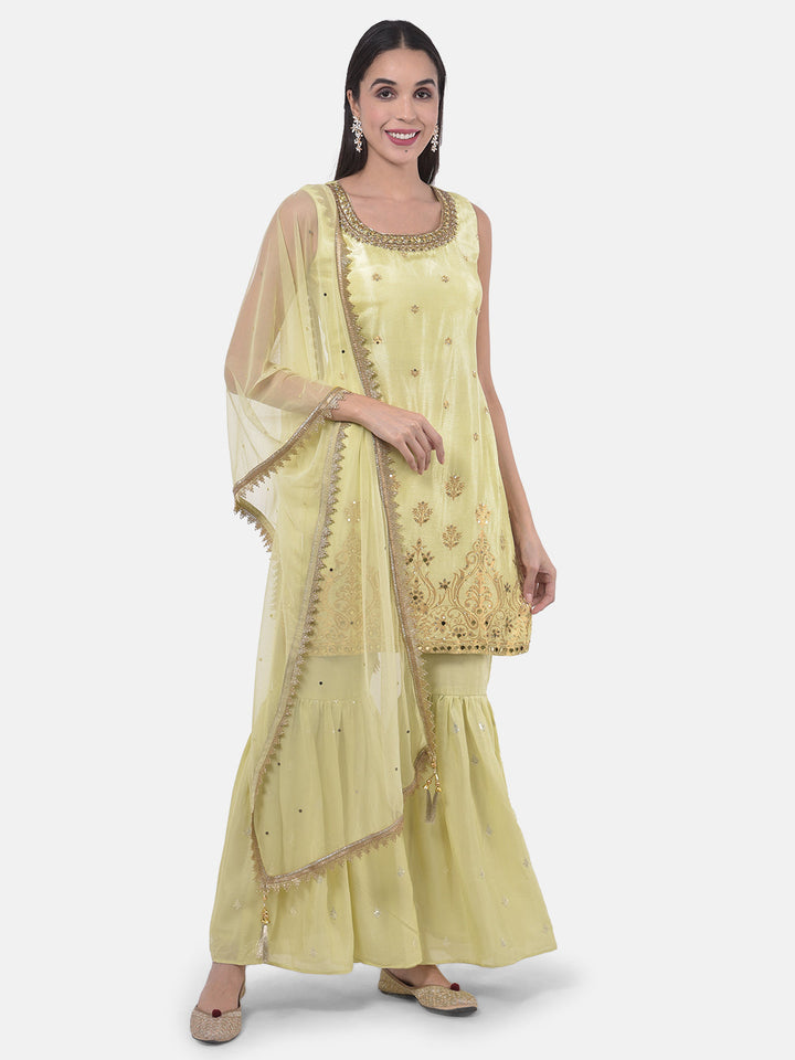 Neerus Green Embellished Zari Kurta Sharara Set - detail view 5