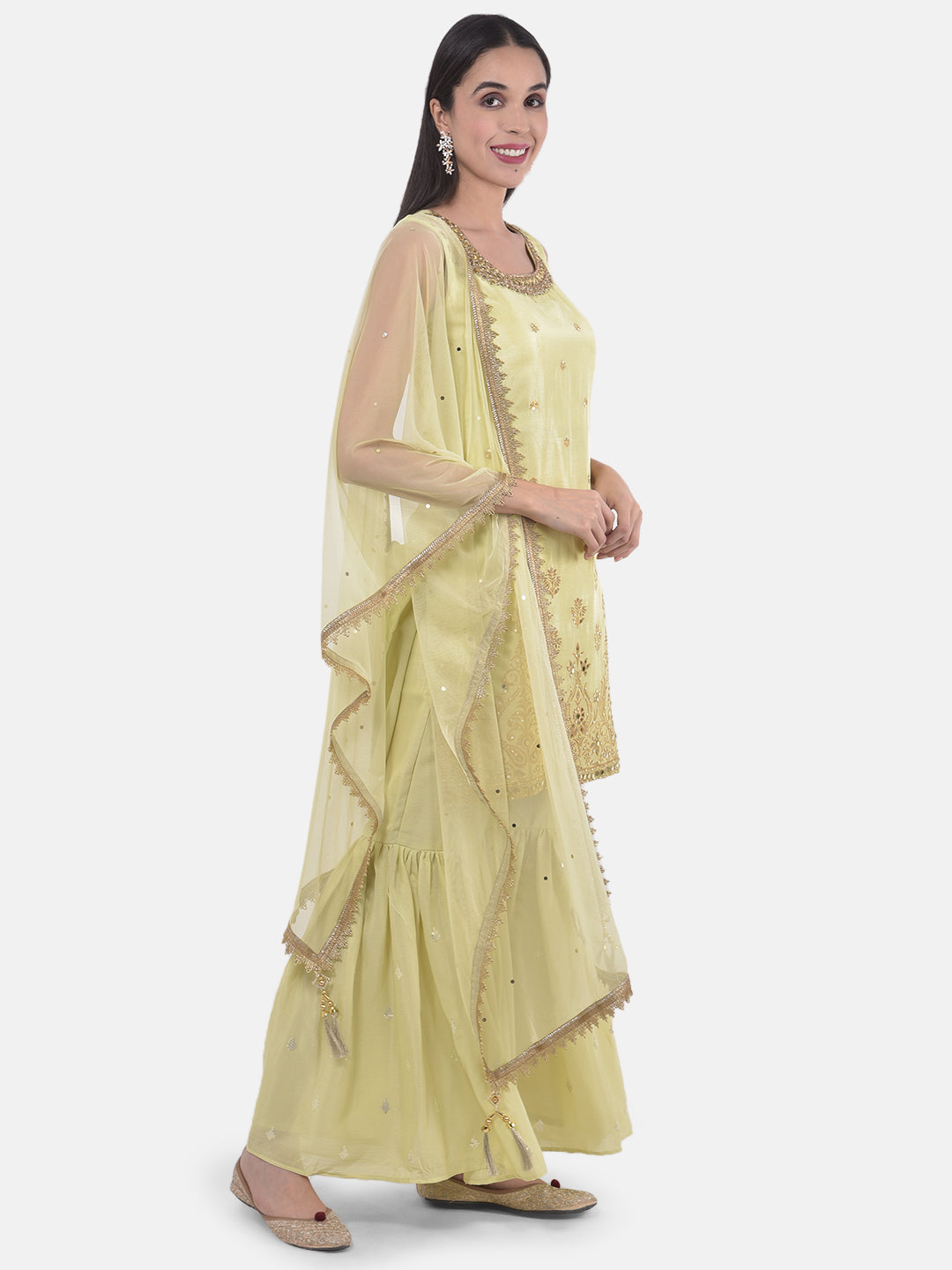 Neerus Green Embellished Zari Kurta Sharara Set - front view