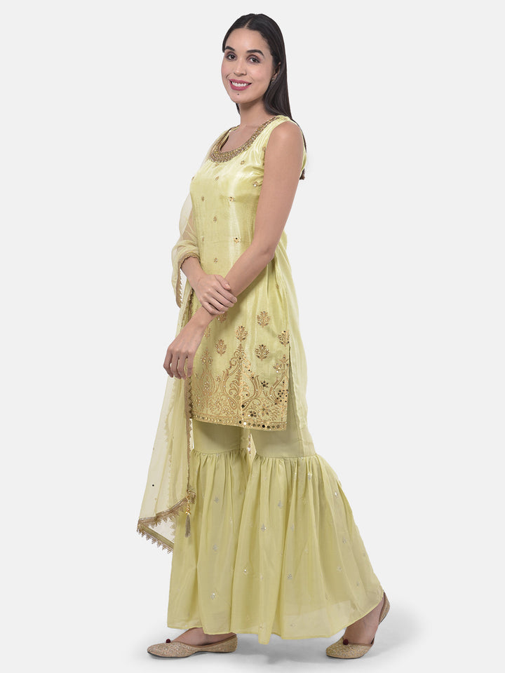 Neerus Green Embellished Zari Kurta Sharara Set - back view