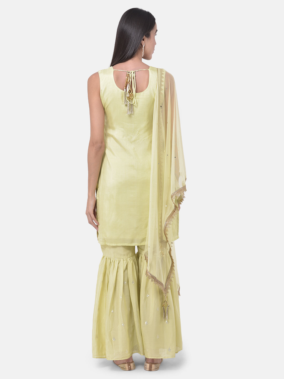 Neerus Green Embellished Zari Kurta Sharara Set - side view