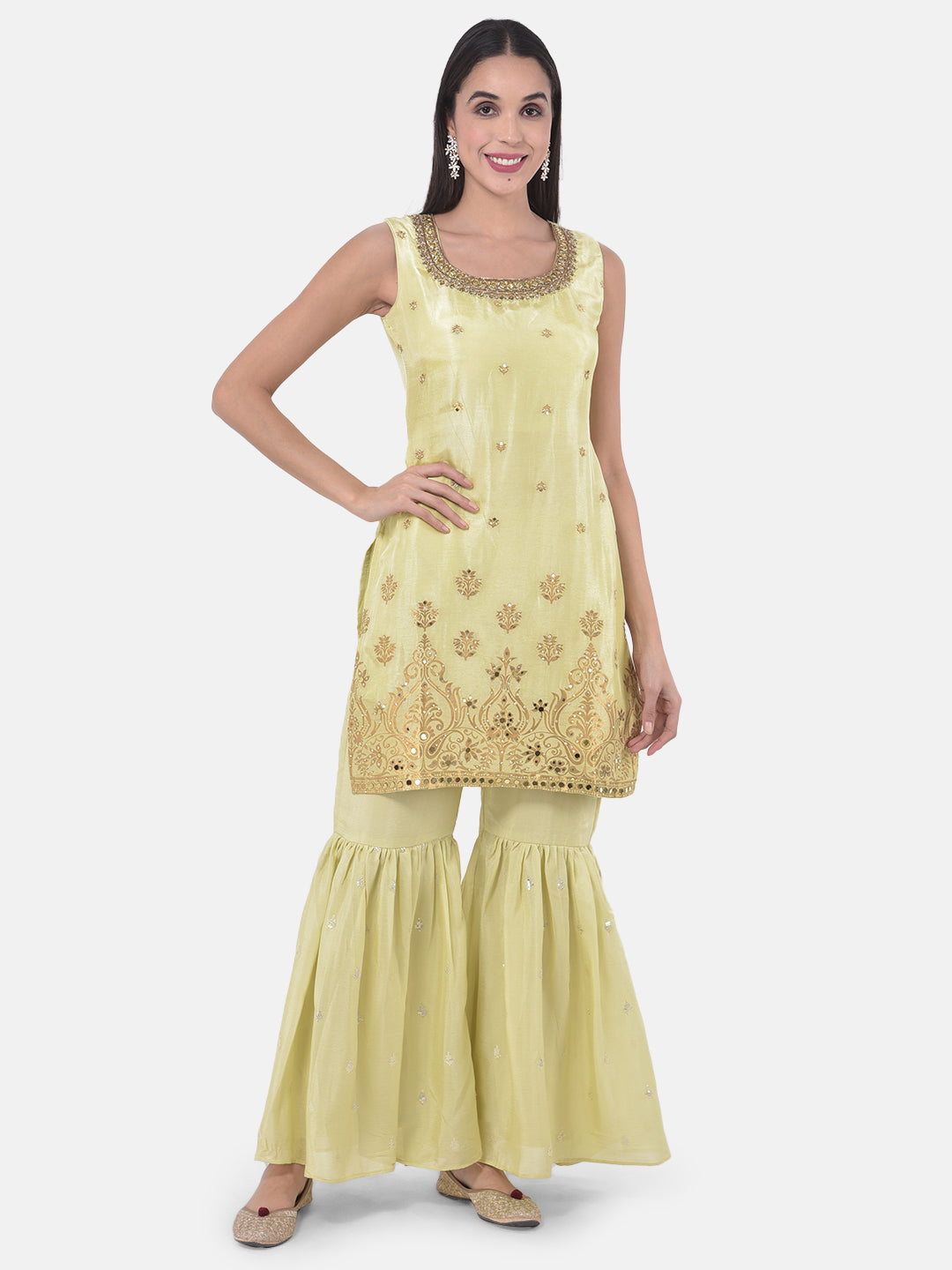 Neerus Green Embellished Zari Kurta Sharara Set - detail view 4