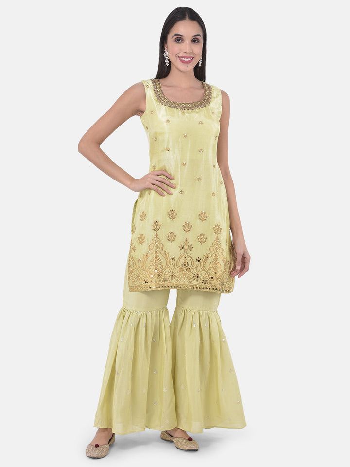 Neerus Green Embellished Zari Kurta Sharara Set - detail view 4