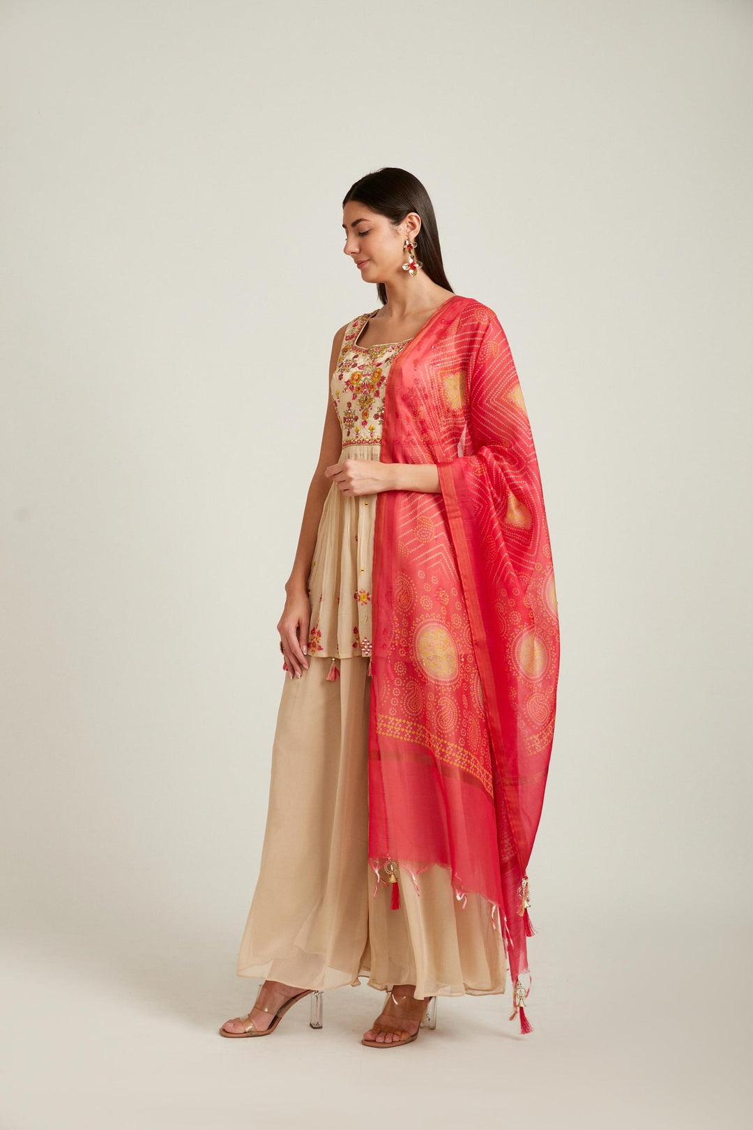 Neerus Beige georgette thread embroidered anarkali suit set - front view