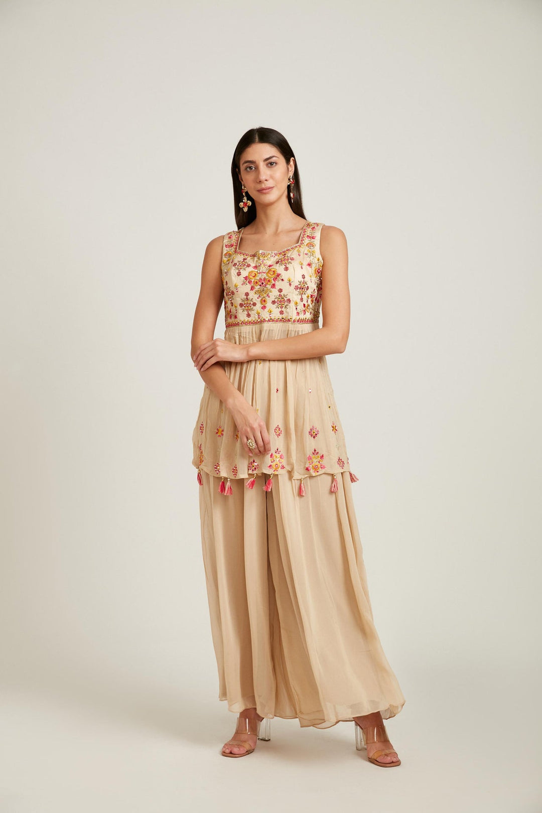 Neerus Beige georgette thread embroidered anarkali suit set - detail view 1