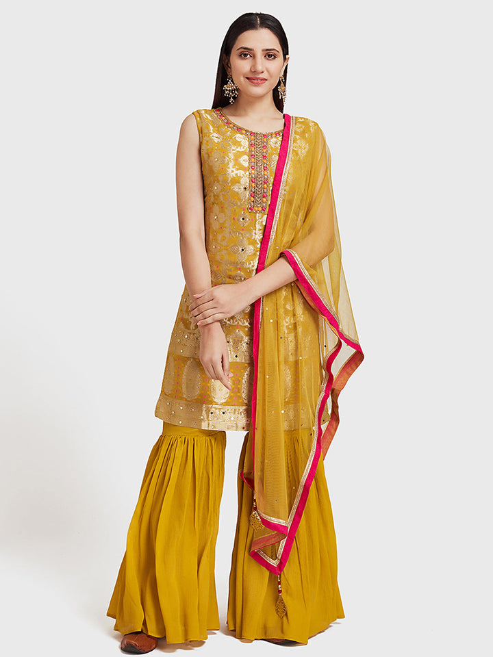 Neerus Yellow embellished anarkali sharara set - detail view 3