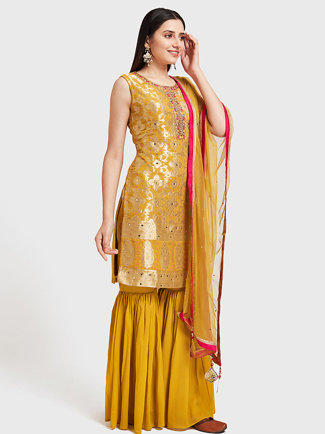 Neerus Yellow embellished anarkali sharara set - front view
