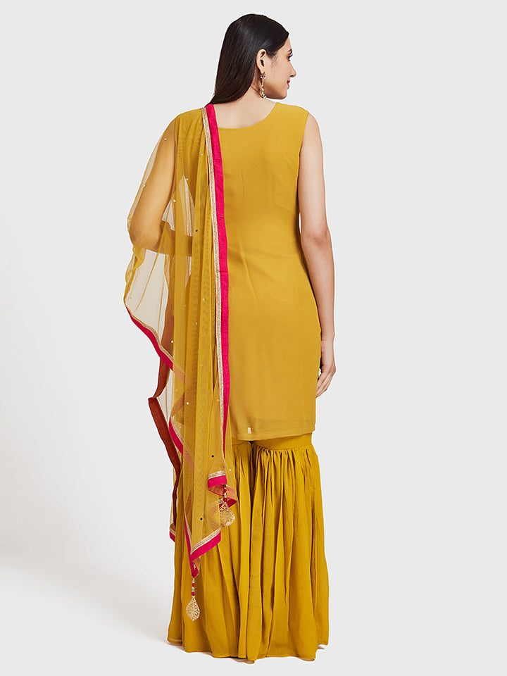 Neerus Yellow embellished anarkali sharara set - back view