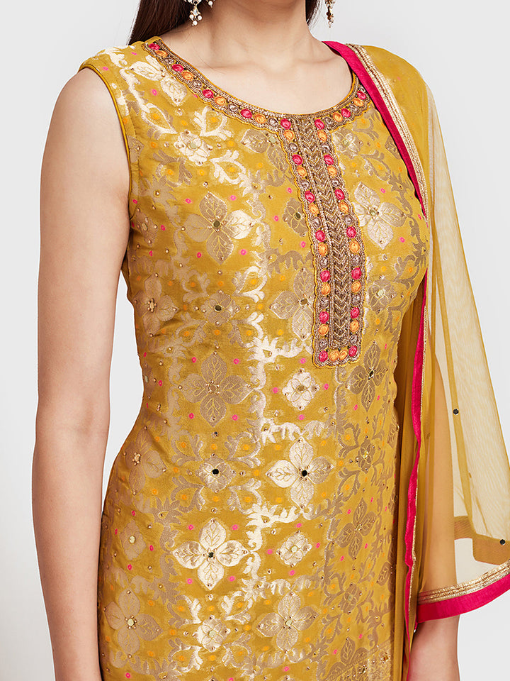 Neerus Yellow embellished anarkali sharara set - side view