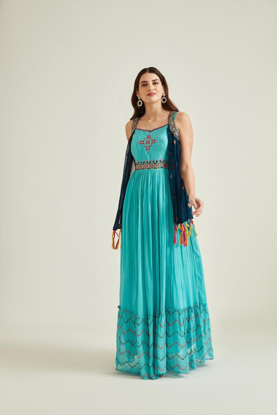 Neerus Green georgette mirror work gown with jacket - front view