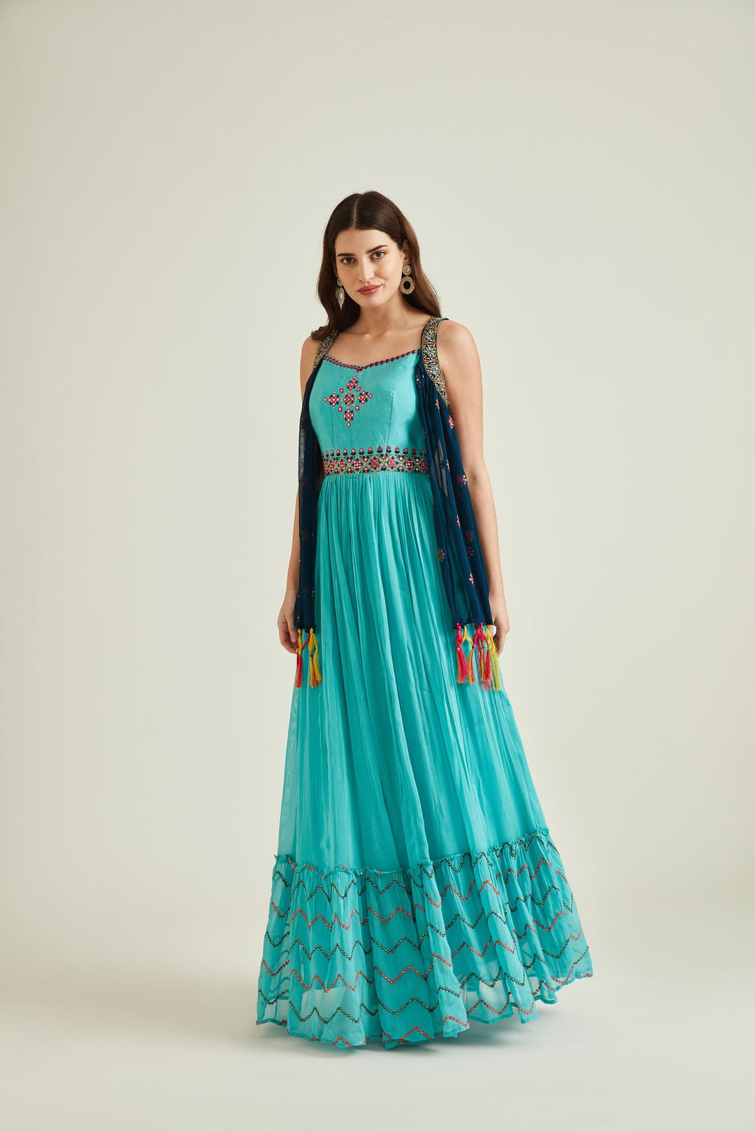 Neerus Green georgette mirror work gown with jacket - detail view 4