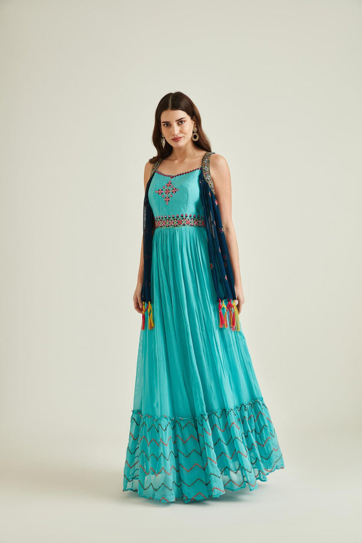 Neerus Green georgette mirror work gown with jacket - detail view 4