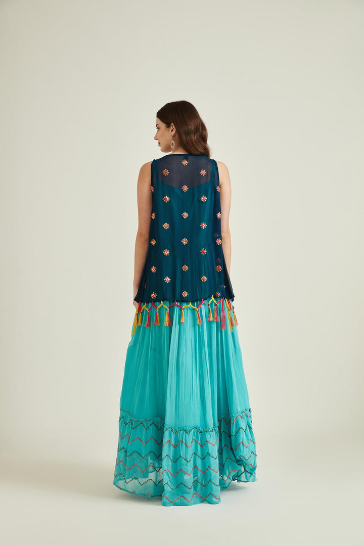 Neerus Green georgette mirror work gown with jacket - side view