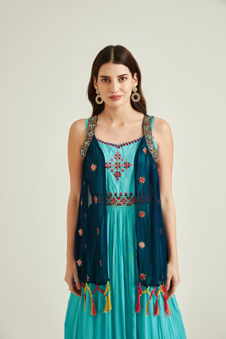 Neerus Green georgette mirror work gown with jacket - detail view 1