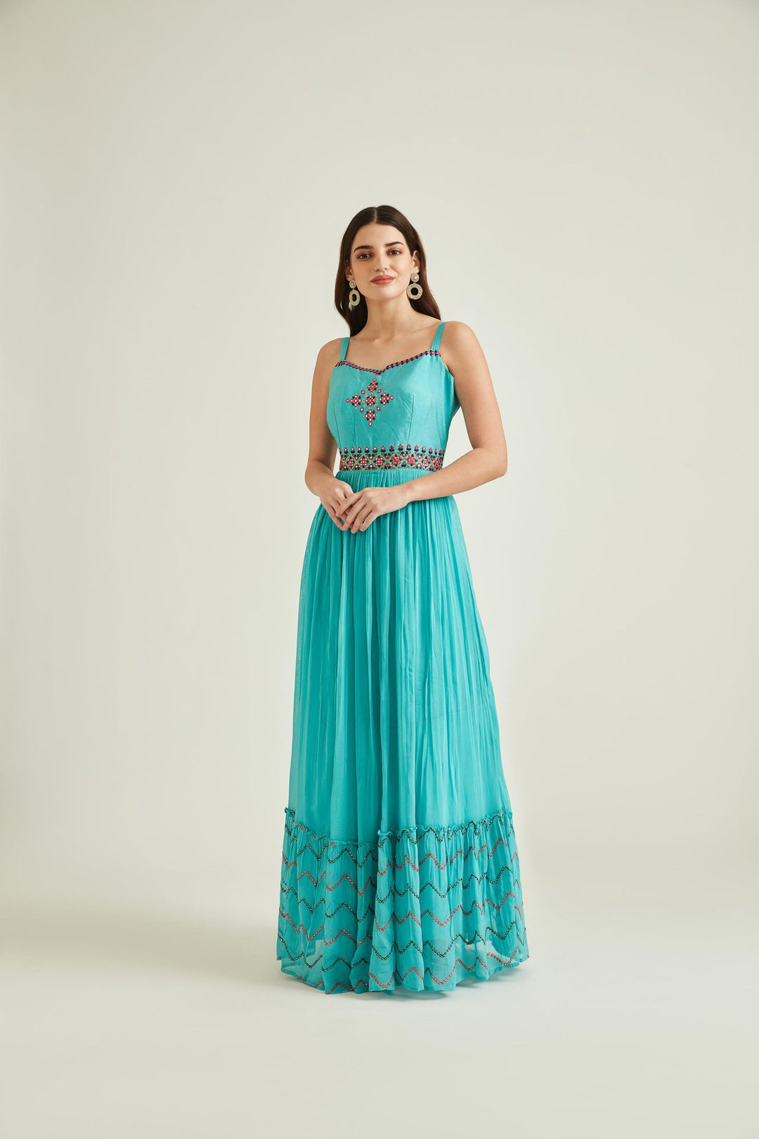 Neerus Green georgette mirror work gown with jacket - detail view 7