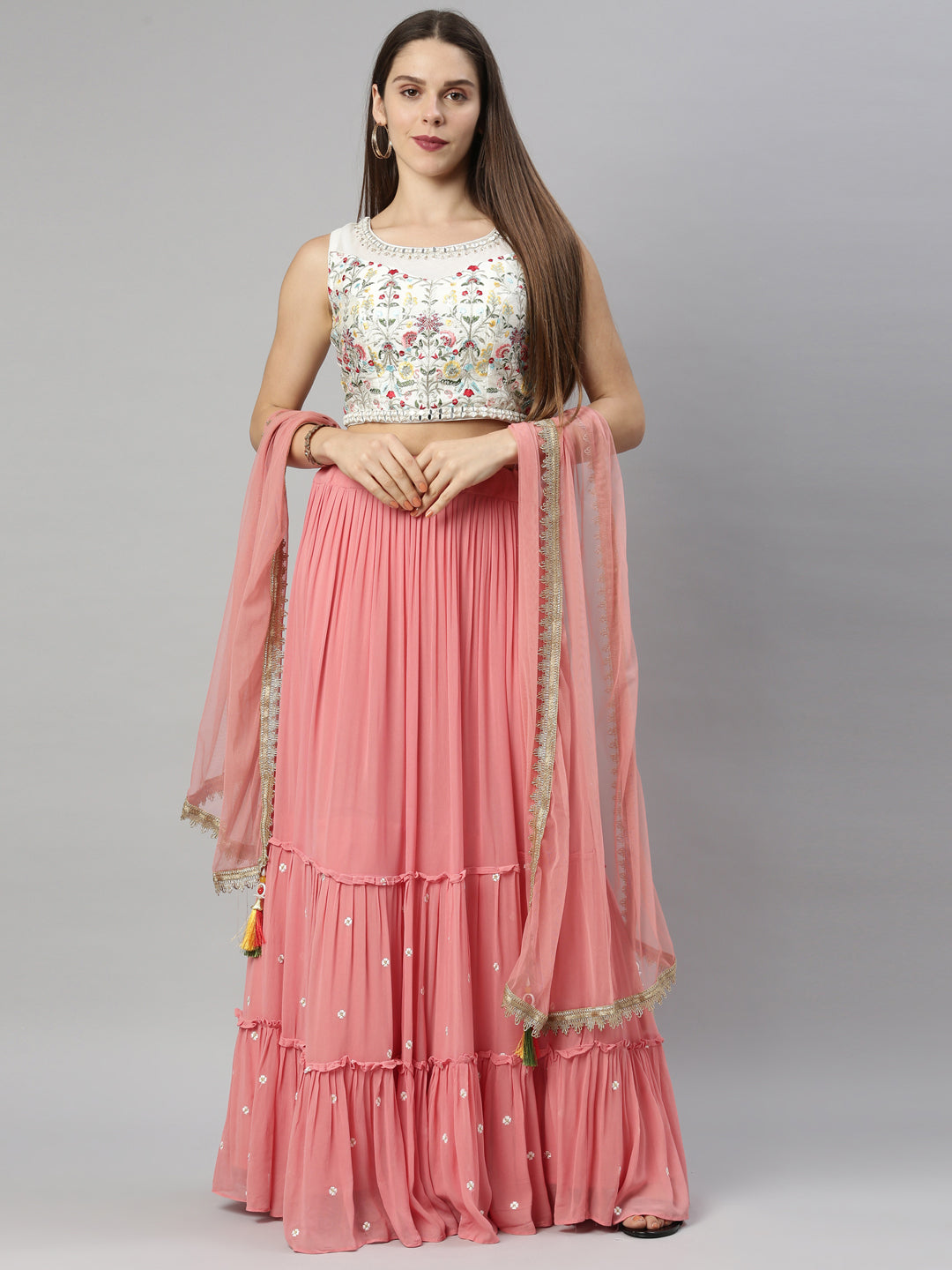 Neerus Red georgette flared lehenga set - front view