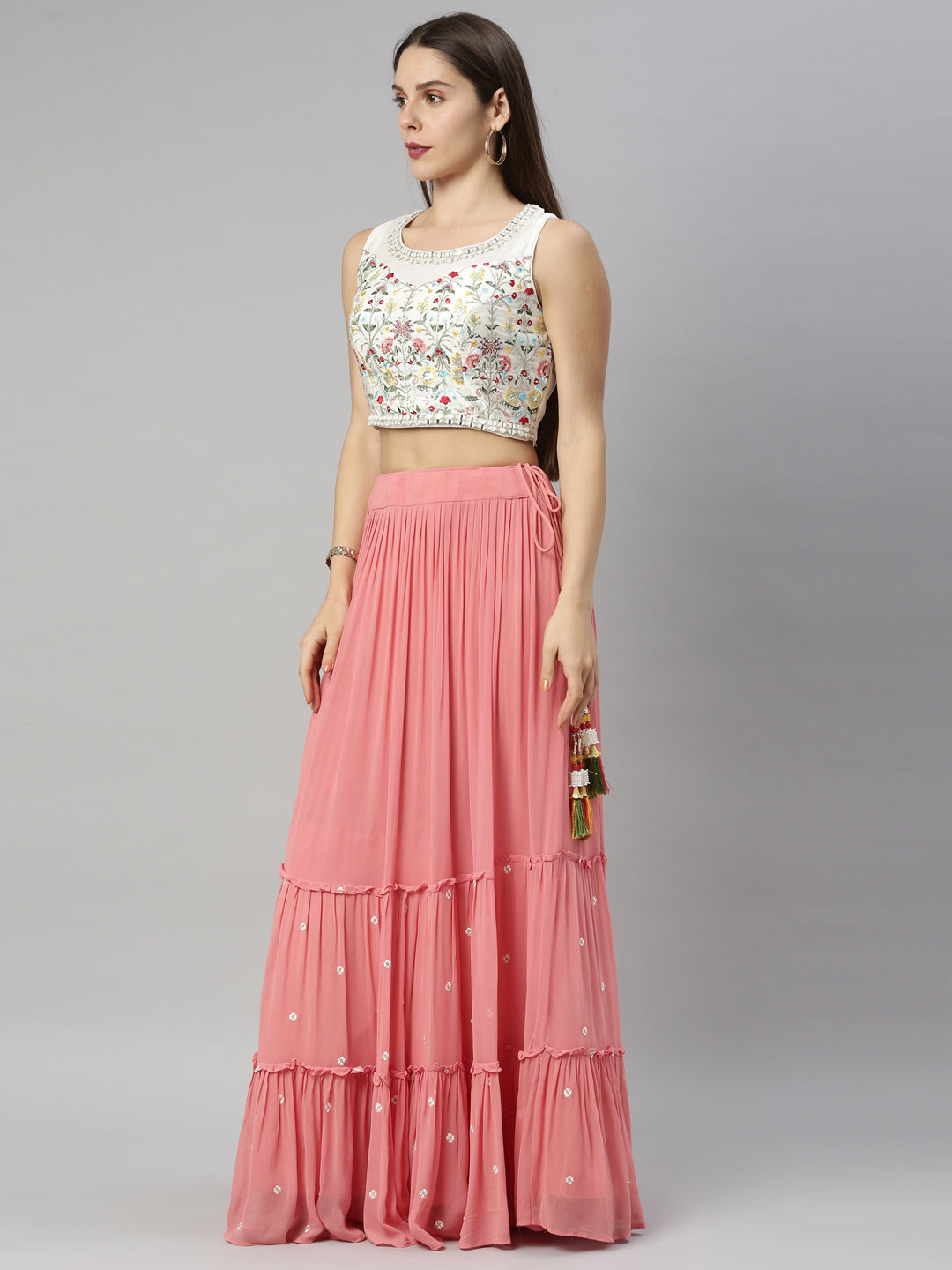 Neerus Red georgette flared lehenga set - back view