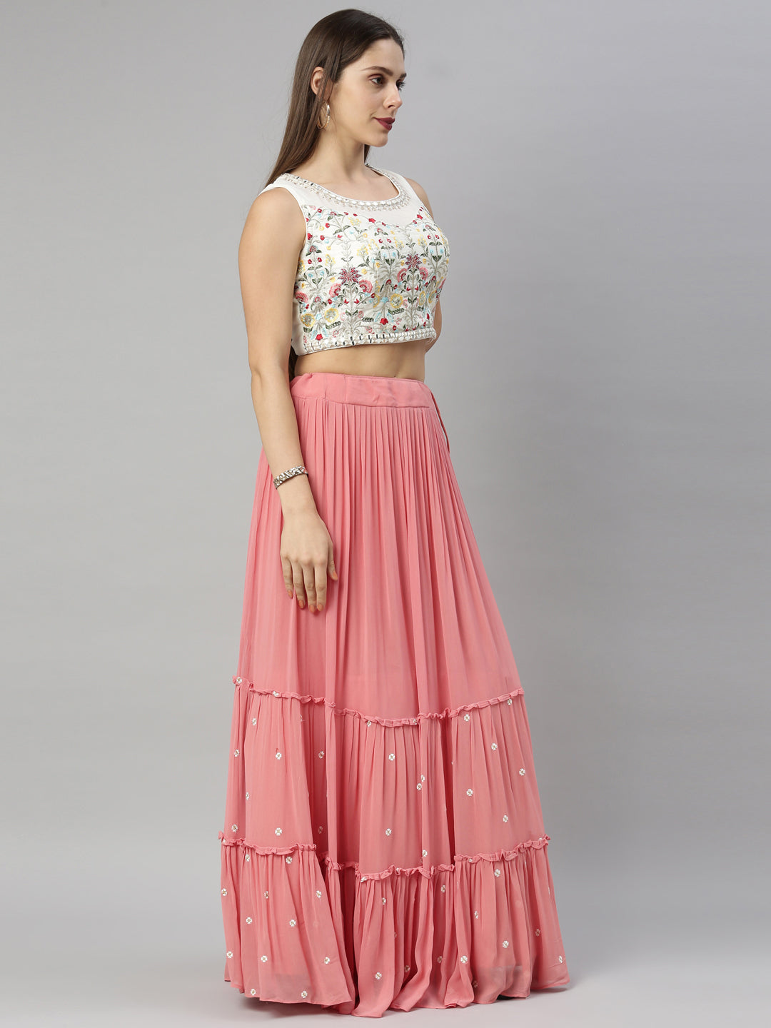 Neerus Red georgette flared lehenga set - side view