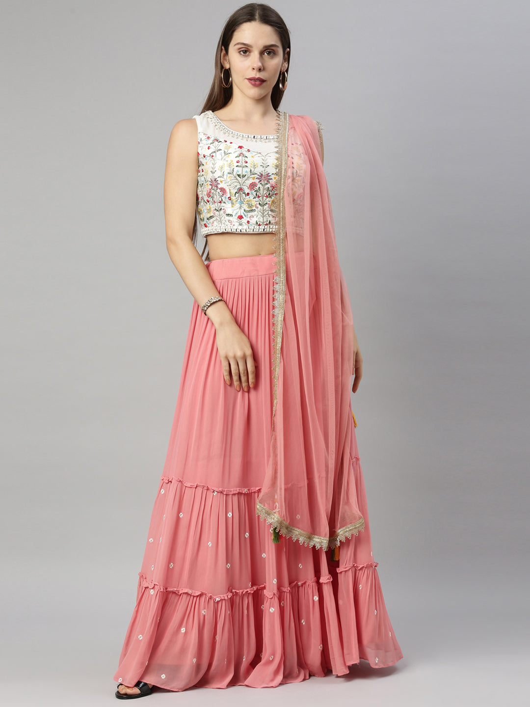 Neerus Red georgette flared lehenga set - detail view 3