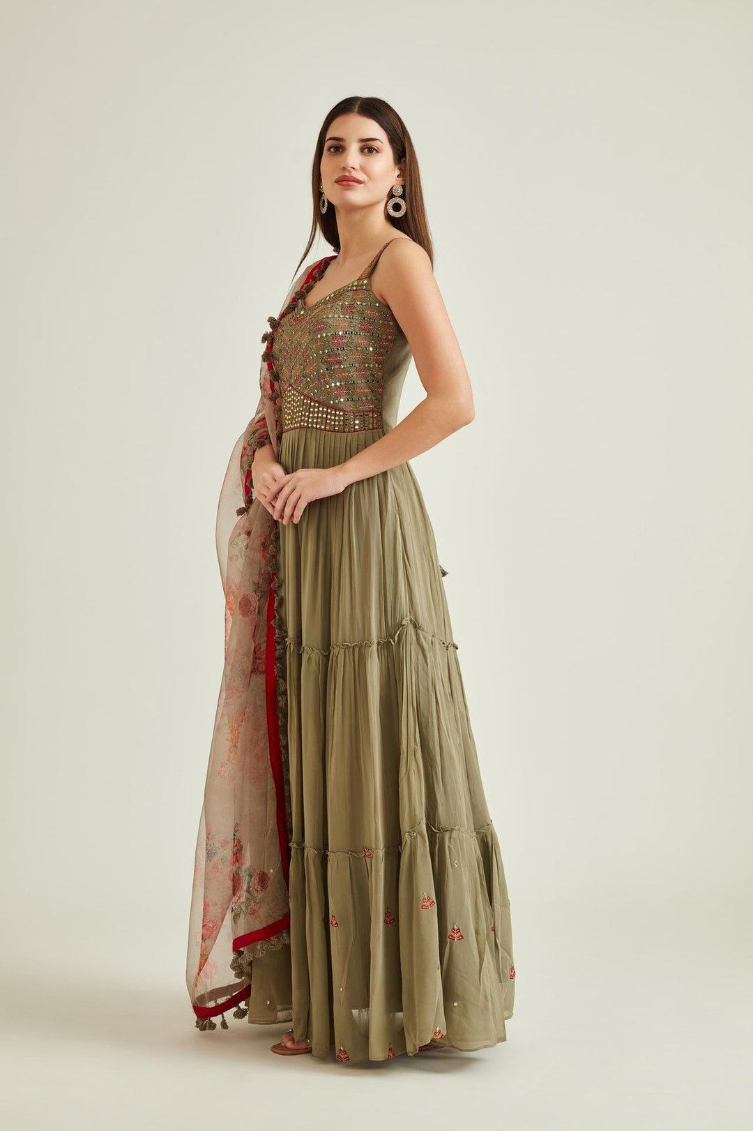 Neerus Green georgette mirror work tiered gown with dupatta - front view